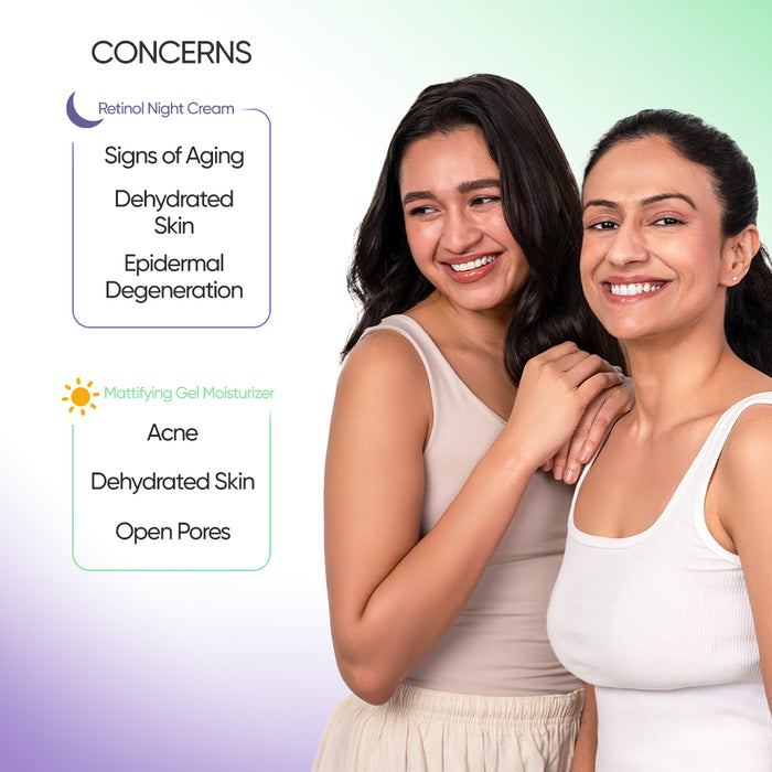 SkinInspired Retinol Night Cream for all skin types and Mattifying Gel Moisturizer tailored for oily, acne-prone, combination, and sensitive skin—targeting anti-aging, hydration, and oil control in one routine.