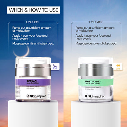 SkinInspired Retinol Night Cream for all skin types and Mattifying Gel Moisturizer tailored for oily, acne-prone, combination, and sensitive skin—targeting anti-aging, hydration, and oil control in one routine.