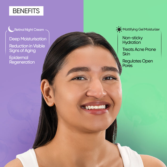 SkinInspired Retinol Night Cream for all skin types and Mattifying Gel Moisturizer tailored for oily, acne-prone, combination, and sensitive skin—targeting anti-aging, hydration, and oil control in one routine.