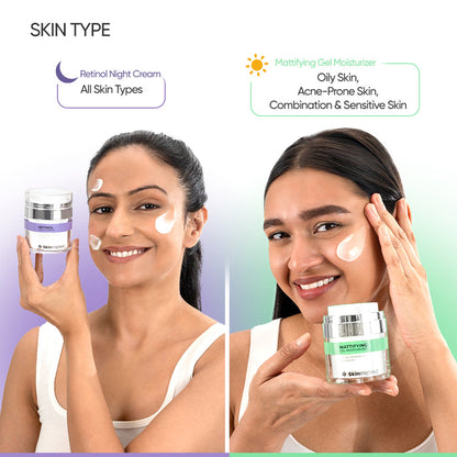 SkinInspired Retinol Night Cream for all skin types and Mattifying Gel Moisturizer tailored for oily, acne-prone, combination, and sensitive skin—targeting anti-aging, hydration, and oil control in one routine.