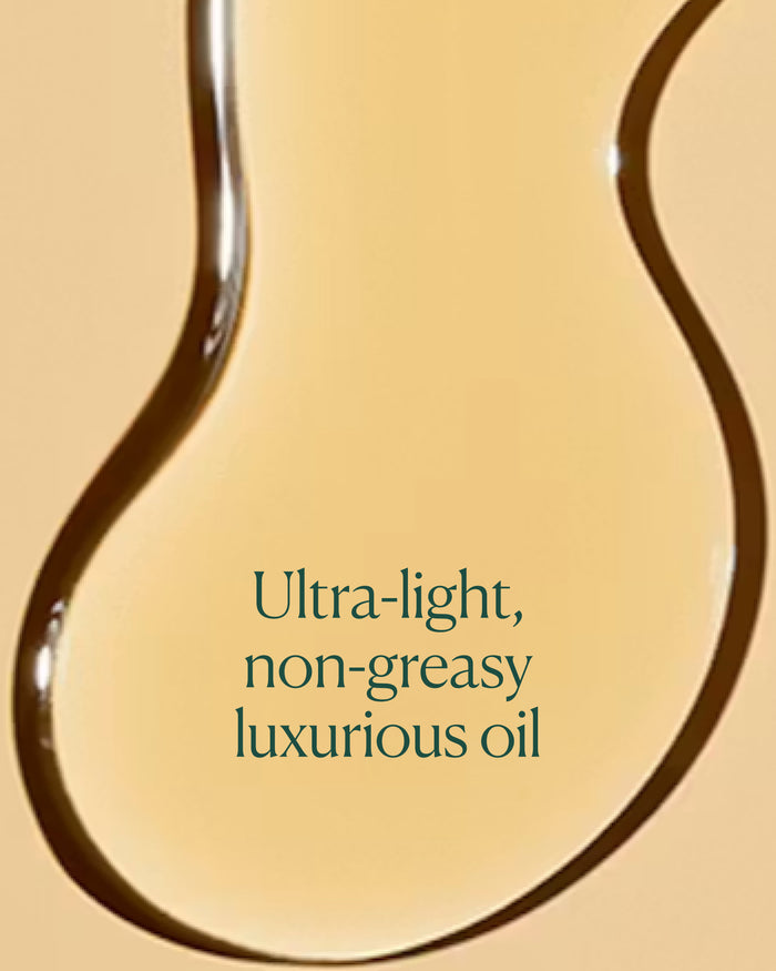 Close-up of golden oil texture with text emphasizing ultra-light, non-greasy finish