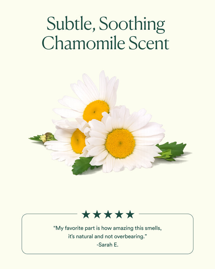 Chamomile flowers representing the oil’s subtle, soothing chamomile scent with five-star review quote