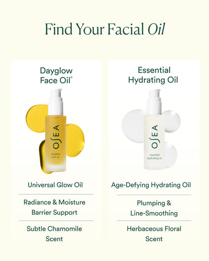 Comparison chart of Dayglow Face Oil and Essential Hydrating Oil benefits and scent profiles