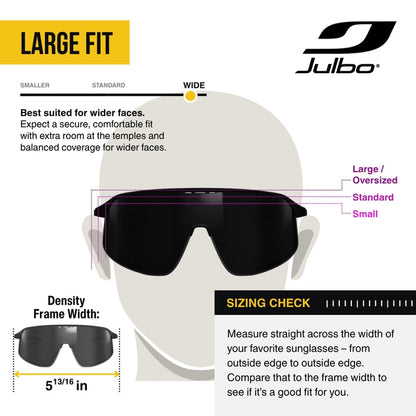 Julbo large fit sunglasses sizing guide showing a front view of oversized dark sunglasses on a head silhouette, with text explaining fit for wider faces and a density frame width measurement of 5 13/16 in.