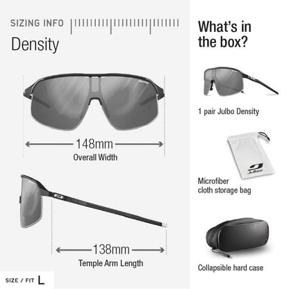 Julbo-usa Density performance eyewear sizing: size large, overall width 148mm, temple arms 138mm. Features include wide lens design, CustomFit Temples, microfiber storage bag, and collapsible hard case. #color_matte-green-gray-with-reactiv-1-3-light-amplifier-lens