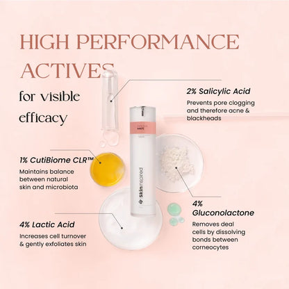 SkinInspired AHA BHA PHA serum with salicylic acid, lactic acid, gluconolactone, and Cutibiome CLR for exfoliation and acne control