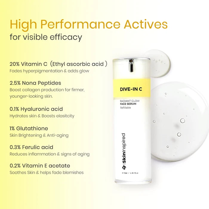 SkinInspired Vitamin C serum formulated with high-performance actives for glow, antioxidant protection and skin repair