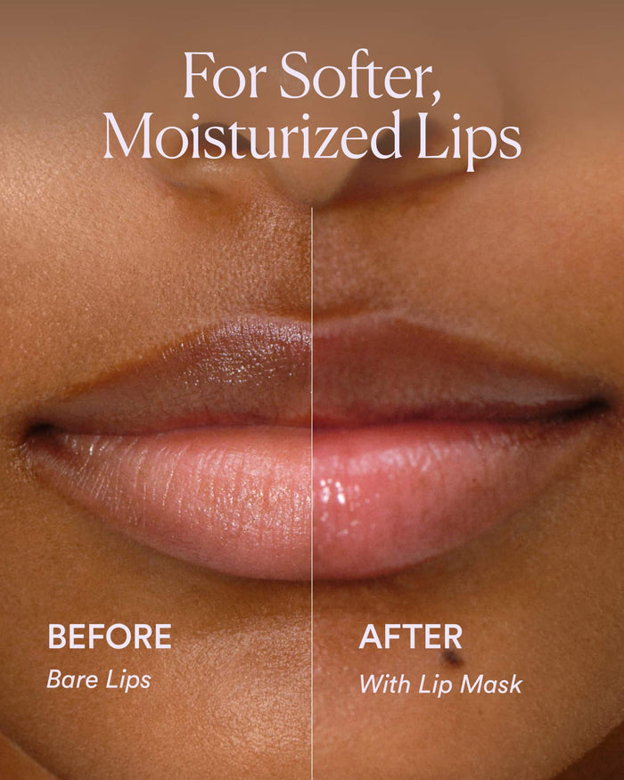 Before and after comparison of lips with and without a lip mask, showing softer and moisturized lips.