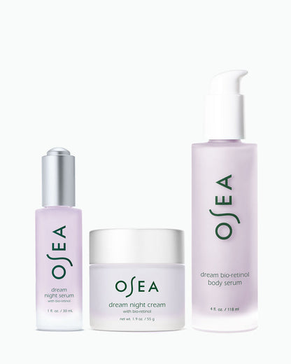OSEA Dream Night Serum, Dream Night Cream, and Dream Bio-Retinol Body Serum trio on white background