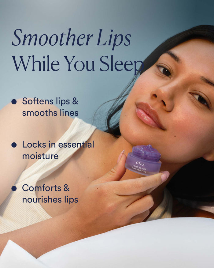 Model holding OSEA Dream Lip Mask with text highlighting softer, smoother lips overnight and lasting moisture benefits