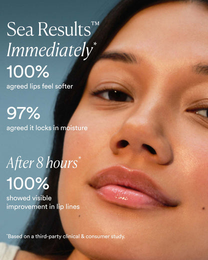 Advertisement for Sea Results lip product showing a close-up of a person's lips with text highlighting product benefits.