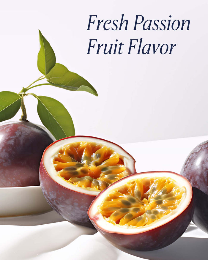 Passion fruit with a cut open to reveal its interior on a white background.