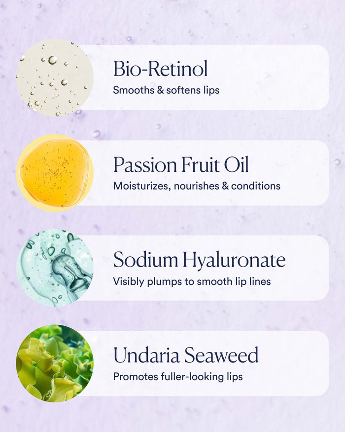 Lip care product ingredients with images and descriptions on a light purple background
