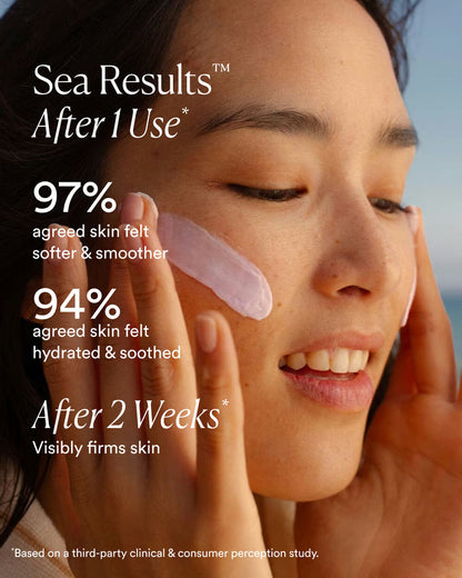 Woman applying lavender-tinted cream to cheek with clinical results showing smoother, more hydrated skin after use