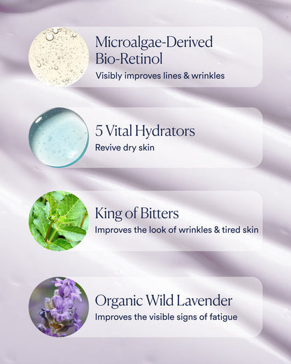 Key ingredients including microalgae-derived bio-retinol, five vital hydrators, king of bitters, and organic wild lavender