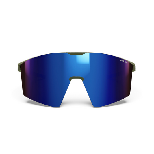 Julbo Eyewear’s Edge Cover Sunglasses Parts feature a blue mirrored single wraparound lens with sleek temple arms and a frameless design on the bottom and sides, photographed on a white background. #color_edge-cover-lens-reactiv-2-4
