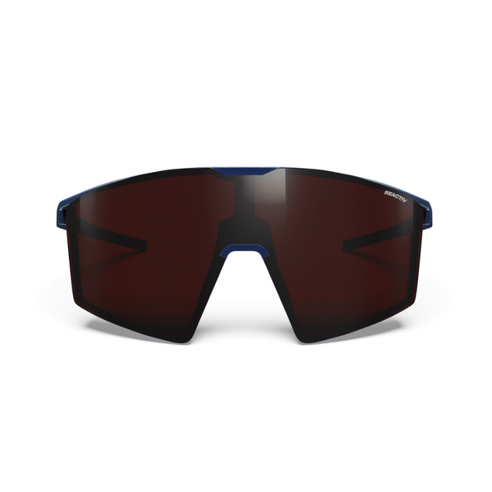 A pair of Julbo Eyewear Edge Cover Sunglasses Parts with a single dark lens and blue frame, sleek temple arms, displayed front-facing on a white background. #color_edge-cover-lens-reactiv-0-4
