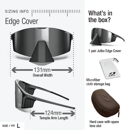 The Julbo Eyewear Edge Cover sunglasses offer magnetic lens swaps and an adjustable nosepiece. Sized L (131mm width, 124mm arm), they come with a storage bag, hard case with lens slot, and sizing details. #color_army-black-with-reactiv-2-4-lens
