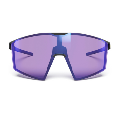 The Julbo USA Edge Sunglasses Parts feature a purple-tinted, wraparound shield lens with sleek temple arms and black accents on the sides and nose bridge.