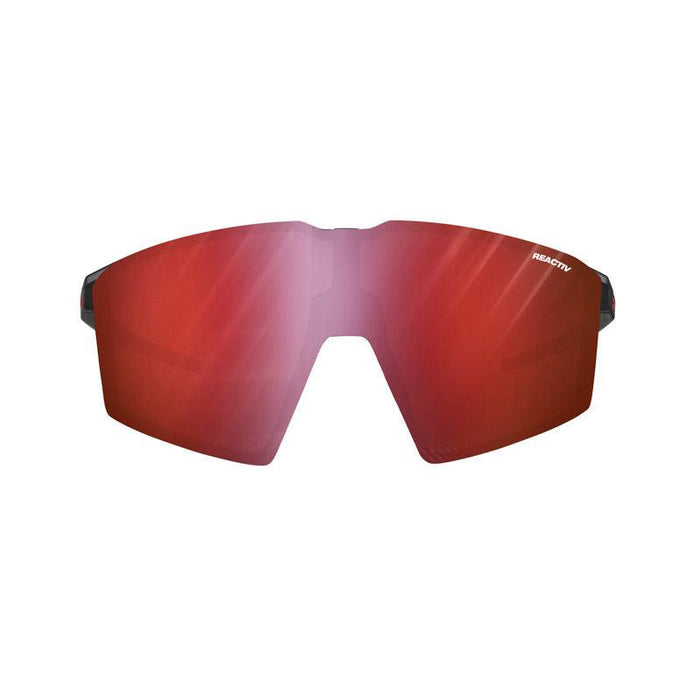 The Julbo USA Edge Sunglasses Parts feature a single red mirrored lens, rimless design, and sleek temple arms for a secure fit. #color_reactiv-0-3-high-contrast-red