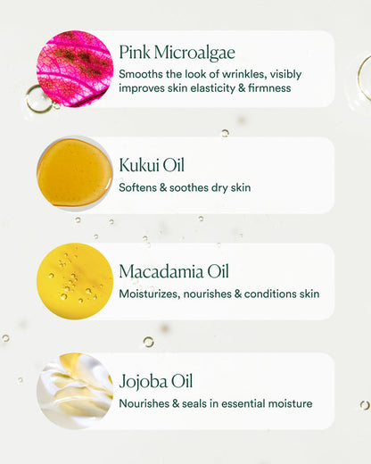 Key ingredients in Essential Hydrating Oil: pink microalgae, kukui oil, macadamia oil, and jojoba oil