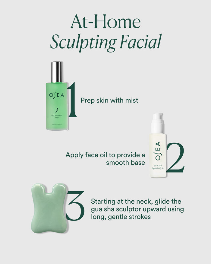 Three-step at-home sculpting facial routine using mist, Essential Hydrating Oil, and gua sha tool