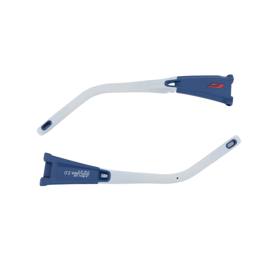 Two blue and white plastic temple arms from Julbo USA's Explorer 2.0 Lenses & Parts are shown on a white background, with one arm facing up and the other facing down.