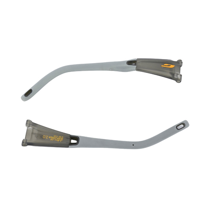 Two gray Julbo USA Explorer 2.0 replacement temple arms from the Lenses & Parts collection are shown on a white background, one with a yellow logo and the other with a small yellow marking.