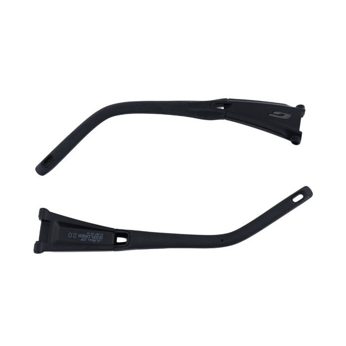 Two black plastic temple arms with elongated curves and mounting holes, shown parallel on a white background—Julbo USA Explorer 2.0 Lenses & Parts replacement temple arms.