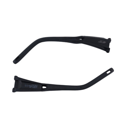 Two black plastic temple arms with elongated curves and mounting holes, shown parallel on a white background—Julbo USA Explorer 2.0 Lenses & Parts replacement temple arms.