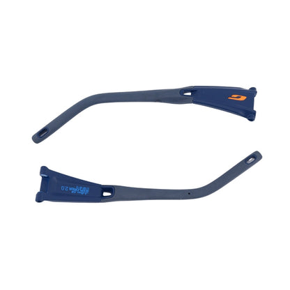 Two dark blue Julbo USA Explorer 2.0 Lenses & Parts: a pair of replacement temple arms, each with a small logo—one with an orange icon, the other with blue text and the number 20.