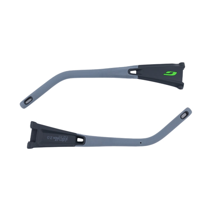 Two gray plastic temple arms from Julbo USA’s Explorer 2.0 Lenses & Parts, each with holes at both ends and black and green accents, are displayed parallel on a white background.