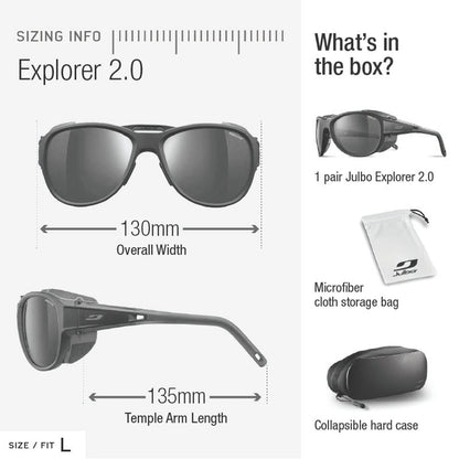 Julbo Explorer 2.0 sunglasses with measurements and packaging details on a white background. #color_black-blue-with-reactiv-0-4-high-contrast-lens