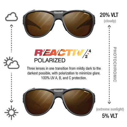 A product infographic showing two pairs of Reactiv Polarized sunglasses with brown lenses, one labeled 20% VLT cloudy and the other 5% VLT extreme sunlight, with explanatory text and icons for clouds and sun on a white background. #color_black-matte-black-with-reactiv-2-4-polarized-lens