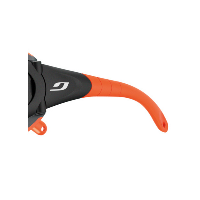 Close-up of an orange and black arm with Julbo Eyewear logo, from Explorer Sunglasses Parts—ideal for identifying matching parts or replacement lenses against a white background. #color_explorer-temple-arms-pair-black-orange
