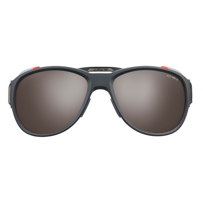 Front view of black sunglasses with large, reflective lenses and red accents—compatible with Julbo Eyewear’s Explorer Sunglasses Parts for easy replacement. #color_explorer-alti-arc-4-lens-brown-color