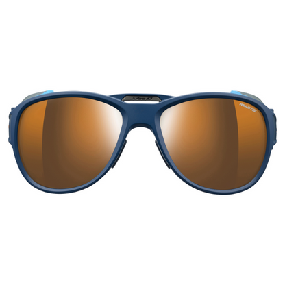 Julbo Eyewear Explorer Sunglasses Parts shown from the front on a white background, featuring blue frames and large mirrored copper replacement lenses. #color_explorer-xl-reactiv-2-4-polarized-lens