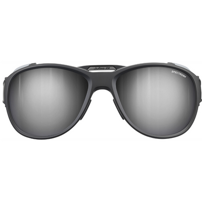 A pair of black wraparound Julbo Eyewear sunglasses with mirrored lenses, marked "SPECTRON" on the upper right lens—compatible with Explorer Sunglasses Parts for easy replacement. #color_explorer-xl-spectron-4-lens