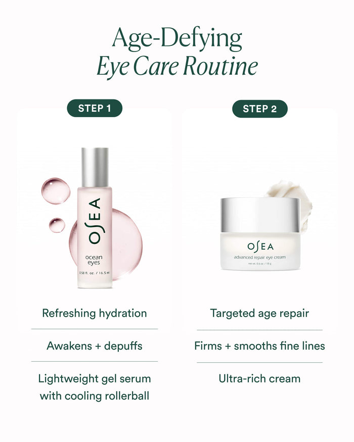 OSEA eye care products with step-by-step description on a white background