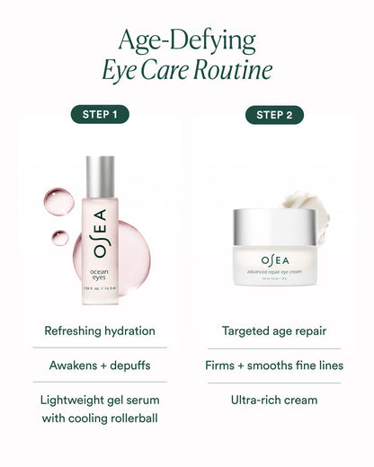 OSEA eye care products with step-by-step description on a white background