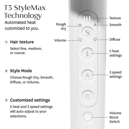 Image of an open T3 Featherweight StyleMax Professional Hair Dryer with Custom Heat and Speed Automation