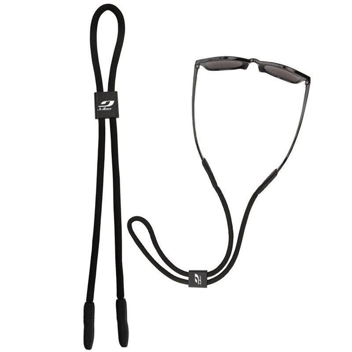 Julbo Eyewear’s Floating Sunglass Cords, shown alone and on black sunglasses, feature rubberized ends, a branded center label, and Buoyancy 2.0 Technology for secure fit and floatation on water. #color_floating-sunglass-strap-black