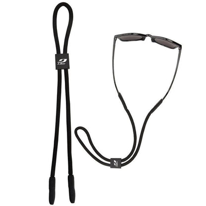 Julbo Eyewear’s Floating Sunglass Cords, shown alone and on black sunglasses, feature rubberized ends, a branded center label, and Buoyancy 2.0 Technology for secure fit and floatation on water. #color_floating-sunglass-strap-black