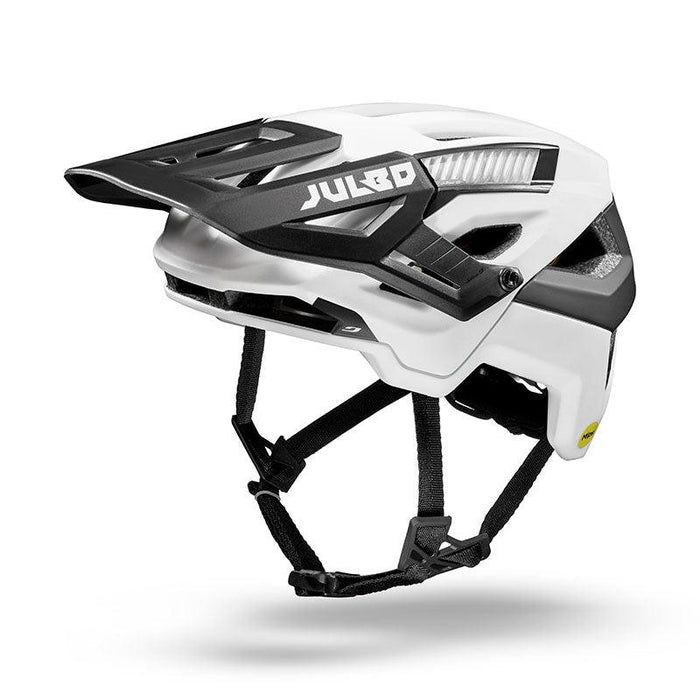 The Forest Evo by Julbo USA is a white and black mountain bike helmet with a visor, adjustable straps, ventilation holes, and an eyewear compatible design, featuring the Julbo USA logo on the side.