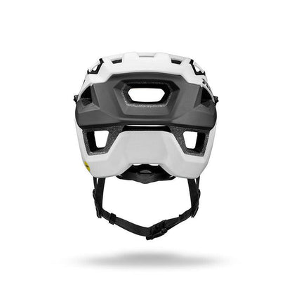 Front view of the Julbo USA Forest Evo mountain bike helmet in white and black, featuring multiple vents, MIPS protection, an adjustable black chin strap, eyewear compatibility, isolated on a white background.