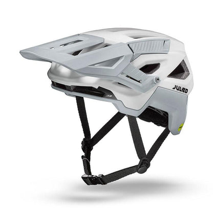 The Julbo USA Forest mountain bike helmet, shown from a side angle on a plain background, features white and gray colors, an adjustable visor, black chin straps, and an adjustable fit.