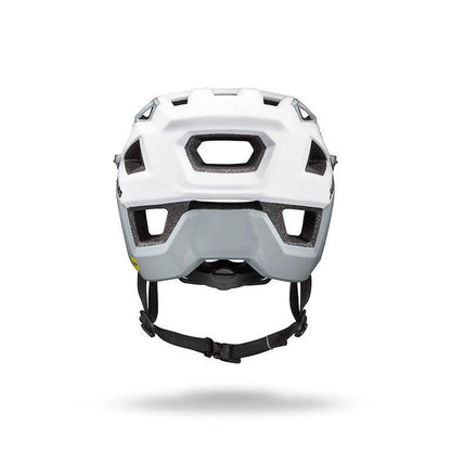 The Julbo USA Forest is a white mountain bike helmet with multiple vents, black interior padding, MIPS protection, and an adjustable black chin strap for a secure fit, shown from the front.