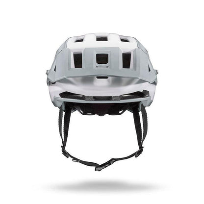 The Julbo USA Forest is a white and gray mountain bike helmet with ventilation holes, MIPS protection, and a black adjustable chin strap, shown from the front against a white background.