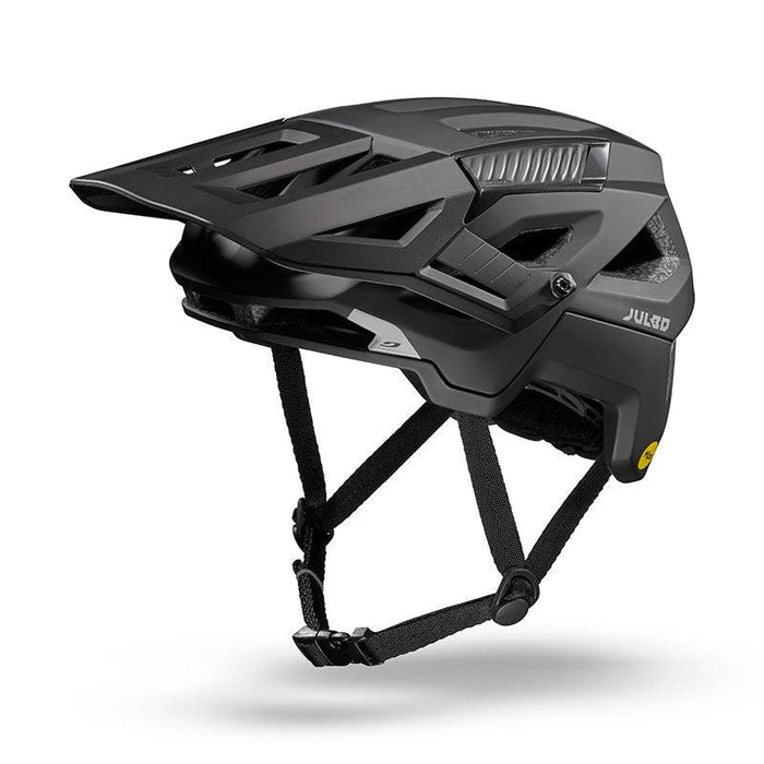 The Julbo USA Forest mountain bike helmet features MIPS protection, a visor, adjustable straps for a custom fit, and multiple ventilation openings, shown in black against a white background.