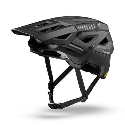 The Julbo USA Forest mountain bike helmet features MIPS protection, a visor, adjustable straps for a custom fit, and multiple ventilation openings, shown in black against a white background.